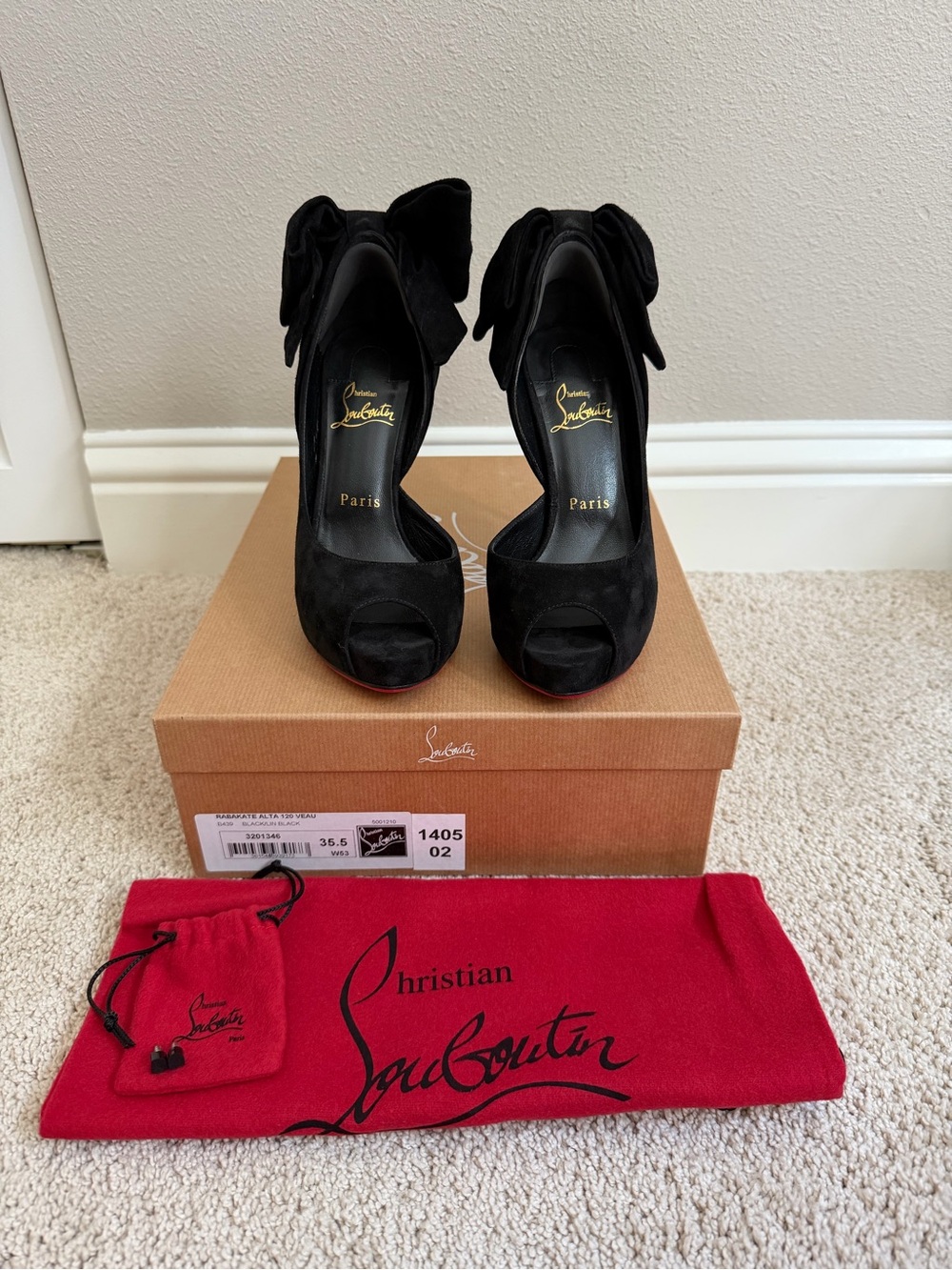 Christian Louboutin Black Suede Peep-Toe Heels with Bow Accent